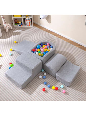 COSTWAY 5 tlg. Schaumstoffbausteine mit Bällebad Sherpa-Stoff in Grau