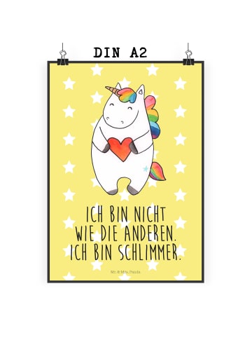 Mr. & Mrs. Panda Plakat Einhorn Herz mit Spruch in Gelb Pastell