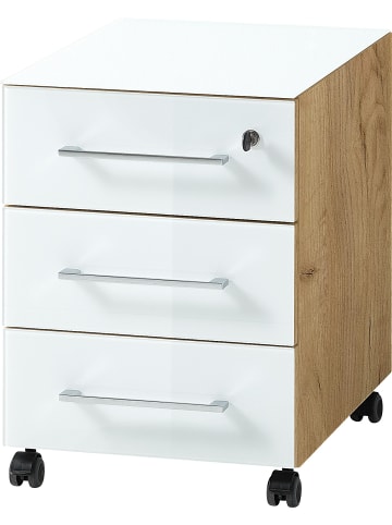 KADIMA DESIGN Rollcontainer Glasfront Schubladen Soft-Close in Chalet-Eiche-Nb.-Weiß