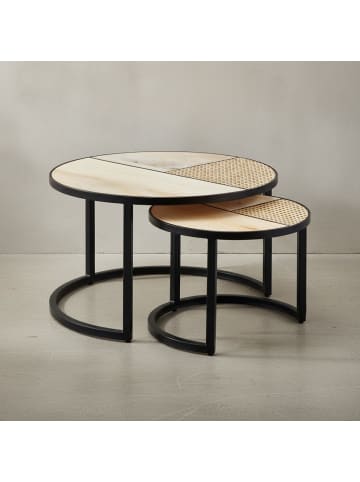 KADIMA DESIGN Design Wohnzimmertisch 2er Set Mango / Rattan Beistelltisch Rund,