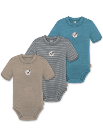 Normani Outdoor Sports 3er Set Unisex Baby Merino Kurzarm-Strampler Kurzarm Body mit Knopf in Blau/Grau/Beige