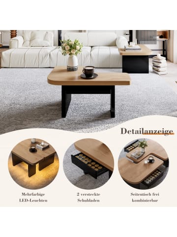 ABRIHOME LED Couchtisch in Naturholz Schwarz mit 2 Schubladen 90x60 cm höhenverstellbar