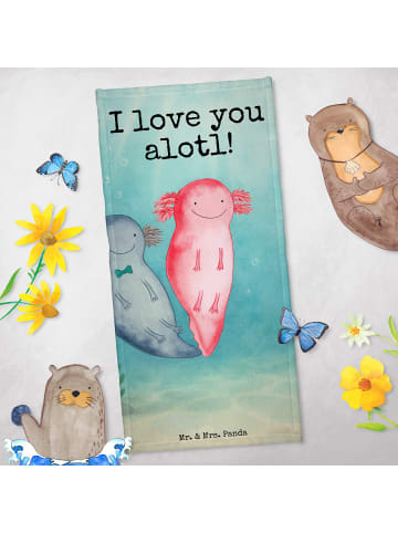 Mr. & Mrs. Panda Strandtuch Axolotl Liebe Design mit Spruch in Grau Pastell