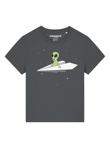 wat? Apparel T-Shirt Alien on a paper plane in Grau