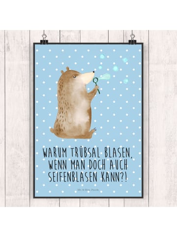 Mr. & Mrs. Panda Poster Bär Seifenblasen mit Spruch in Blau Pastell