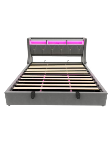 ABRIHOME Doppelbett 180 x 200 cm mit Steckdose und Ablagefach, LED Beleuchtung, Grau
