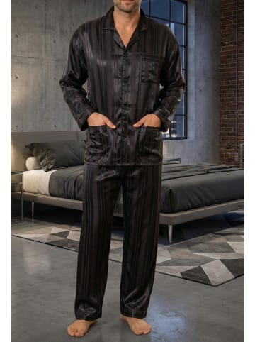 NORMANN Satin Pyjama lang durchgeknöpft Schattenstreifen - 10015 in anthrazit
