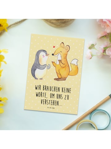 Mr. & Mrs. Panda Grußkarte Fuchs & Pinguin gehörlos mit Spruch in Gelb Pastell