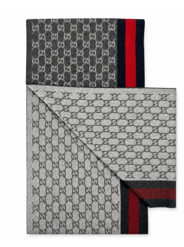 Gucci Grau Anthrazit Monogramm Kaschmir- & Wollschal mit rot-navyblauen Streifen