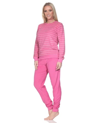 NORMANN Frottee Schlafanzug langarm Bündchen Streifenoptik in rosa