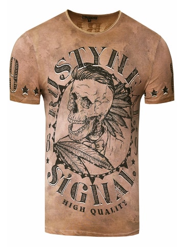 Rusty Neal T-Shirt Verwaschen mit Skull-Print in Camel