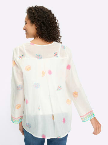 Heine Baumwollbluse in weiß-flamingo-bedruckt