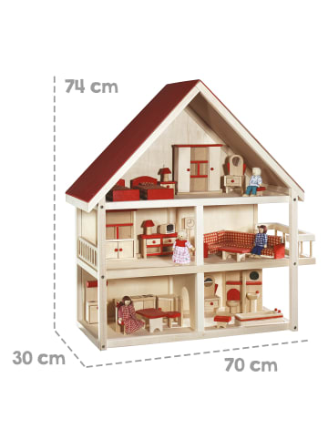 roba Holz-Puppenhaus natur – Puppenvilla mit Möbeln & Puppen für Mädchen