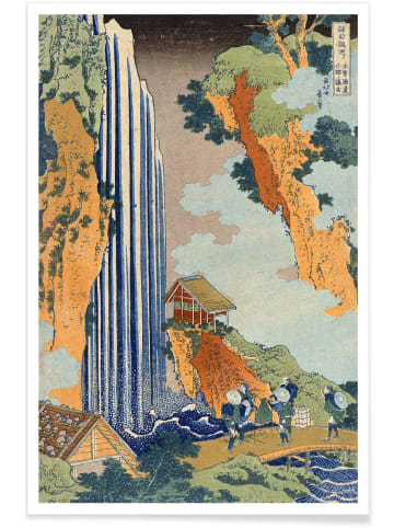 Juniqe Poster "Hokusai - Ono Waterfall, the Kiso Highway" in Blau & Cremeweiß