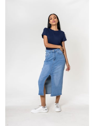 Nina Carter Langer Jeansrock mit Schlitz Stretch Denim Midi Rock in Hellblau