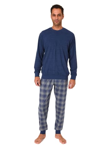 NORMANN langarm Schlafanzug Pyjama Bündchen und karierter Jersey Hose in marine