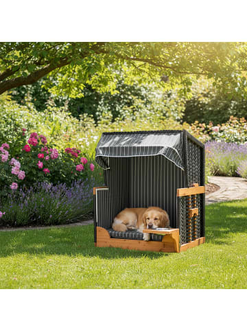 relaxdays Hundestrandkorb "Gestreift" in Grau / Natur – (B)75 x (H)95 x (T)65 cm