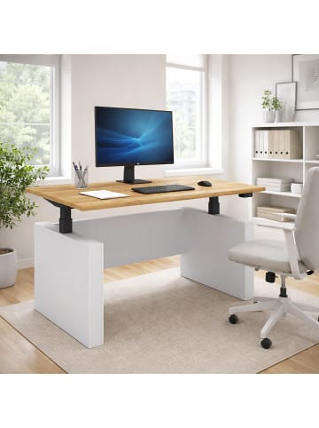 VCM  Schreibtisch höhenverstellbar Salia 140x80 in Weiß / Honig-Eiche