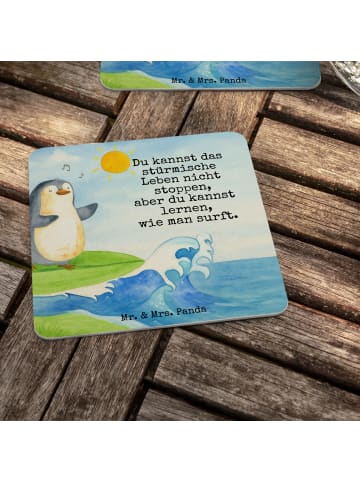 Mr. & Mrs. Panda Untersetzer Pinguin Surfer Design mit Spruch in Weiß
