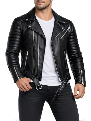 Reichstadt Herren Slim Fit Kunstleder Jacke Silver Zipper in Black