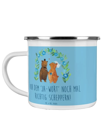 Mr. & Mrs. Panda Camping Emaille Tasse Polterabend Spaß mit Spruch in Sky Blue