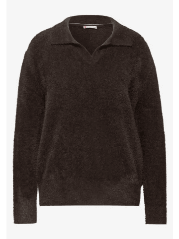 Street One Fluffy Yarn Polo Sweater in Deep Roast Brown