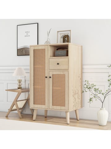 ABRIHOME Sideboard in Natur mit Rattantüren 60x40x101 cm und Massivholzbeinen