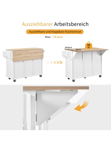 ABRIHOME Mobile Ausziehbar Essbereich Kücheninsel mit Abfalleimer und Schublad, Weiß
