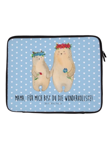 Mr. & Mrs. Panda Laptop Sleeve Bären mit Blumenkranz mit Spruch in Blau Pastell