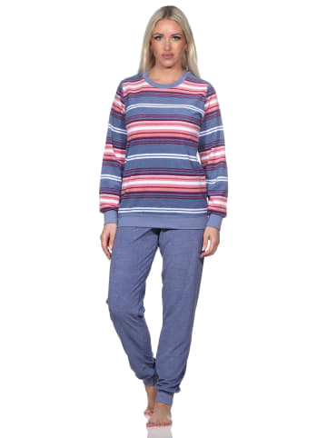 NORMANN Frottee Schlafanzug Bündchen Streifen - 81758 in blau