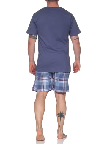NORMANN Schlafanzug kurzarm Shorty mit karierter Jersey Hose in blau