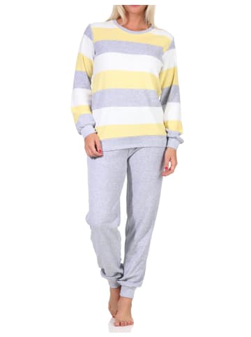 NORMANN Frottee Pyjama lang Bündchen Streifen - 65681 in gelb