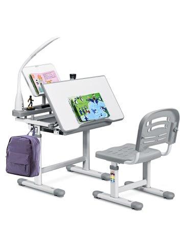 COSTWAY Kinderschreibtisch mit Lampe & Stuhl in Grau