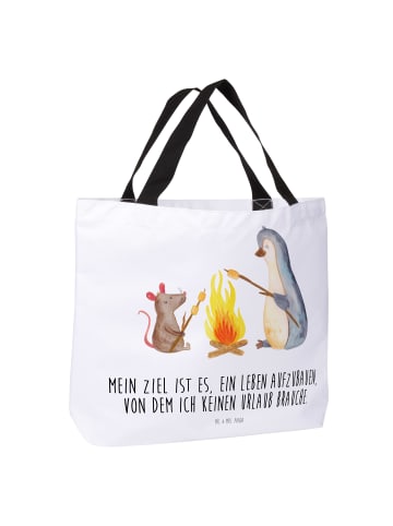 Mr. & Mrs. Panda Shopper Tasche Pinguin Lagerfeuer mit Spruch in Weiß