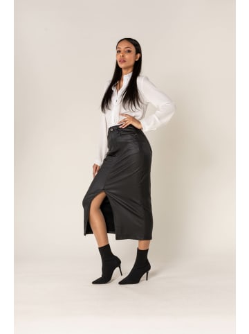 Nina Carter Langer Kunstleder Rock Elegant Beschichtet Stretch Midi Skirt in Schwarz