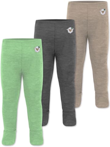 Normani Outdoor Sports 3er Pack Baby Merino Unterhose mit Füßen in Beige/Anthrazit/Grün