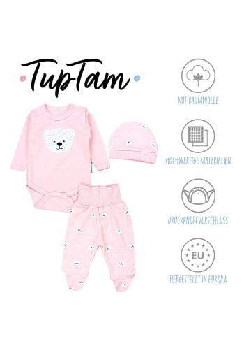 TupTam Baby Bekleidungsset Langarmbody Hose Mütze3 teilig in rosa/weiß