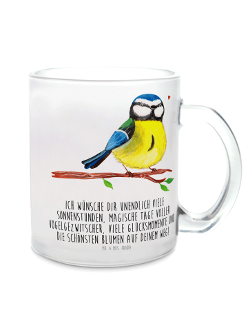 Mr. & Mrs. Panda Trinkglas Vogel Blaumeise mit Spruch in Transparent