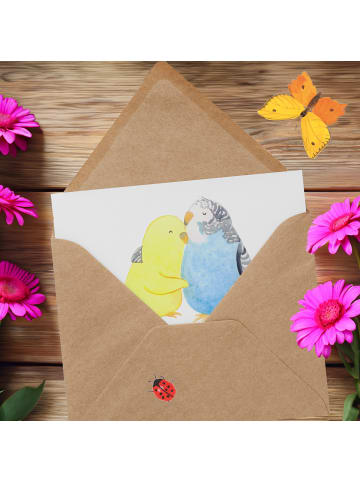 Mr. & Mrs. Panda Einladungskarte Wellensittich Liebe mit Spruch in Weiß