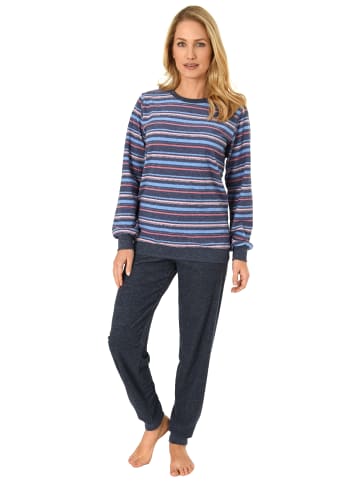 NORMANN Frottee Pyjama Bündchen Streifendesign - 48865 in blau-melange