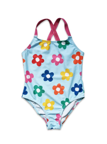 Toby Tiger Badeanzug mit Regenbogenblumen Print in blau