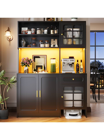 ABRIHOME Küchenschrank mit Glastüren und LED, 130 x 45 x 180 cm in Schwarz