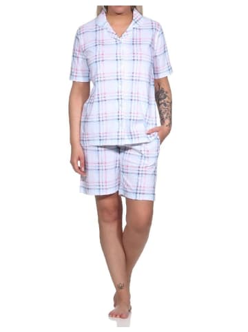 NORMANN kurzarm Pyjama Shorty Jersey zum durchknöpfen - 79042 in hellblau