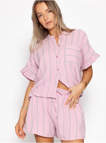 SASSYCLASSY Gestreifte Musselin Bluse mit Volants in Rosa