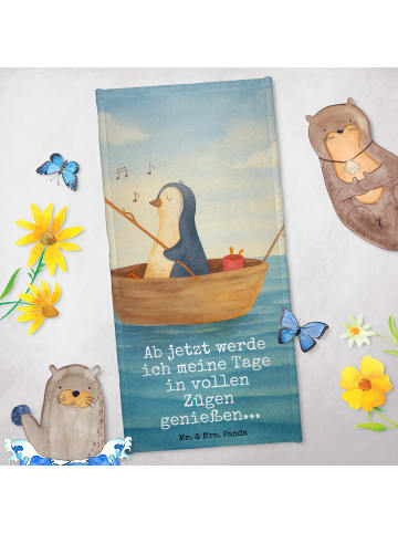 Mr. & Mrs. Panda Badehandtuch Pinguin Angelboot Design mit Spruch in Eisblau