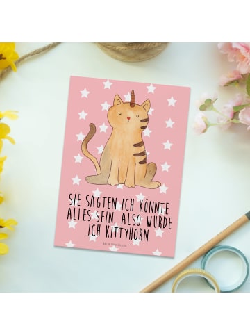 Mr. & Mrs. Panda Ansichtskarte Einhorn Katze mit Spruch in Rot Pastell