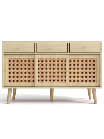 ABRIHOME Sideboard in Eiche mit Rattanfront und 3 Schubladen 120x40 cm