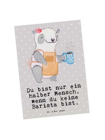Mr. & Mrs. Panda Postkarte Barista Herz mit Spruch in Grau Pastell