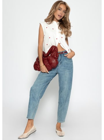 SASSYCLASSY Ärmellose Bluse mit roter Herzstickerei in Weiß