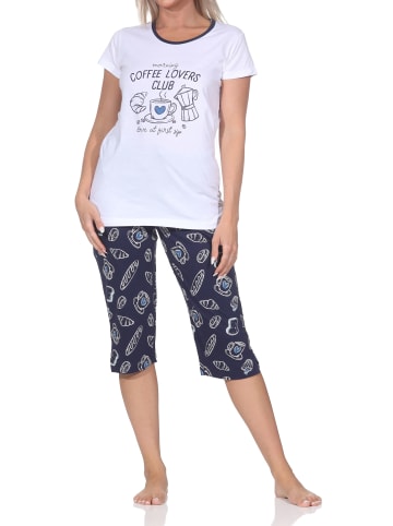 NORMANN Kurzarm Capri Schlafanzug Shorty Übergröße Kaffeemotiv in marine